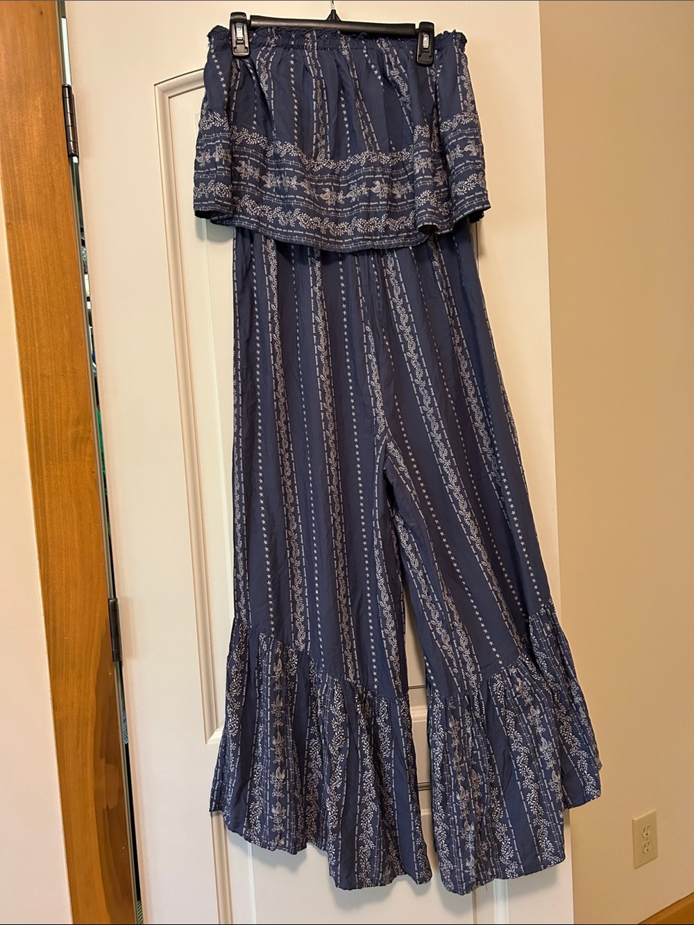 Japna Navy Off-the-Shoulder Printed Wide-Leg Jumpsuit